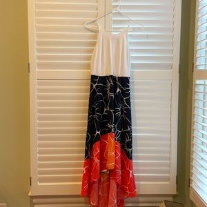 White, blue, and orange high-low dress